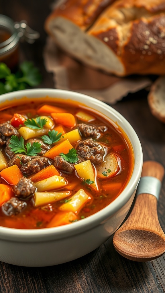 A bowl of hamburger vegetable soup with mixed vegetables and beef, garnished with parsley, on a rustic table with bread.